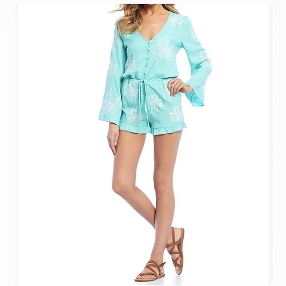 Chelsea & Violet Pants - Chelsea & Violet Romper Embroidered Teal Sea-foam Boho Short